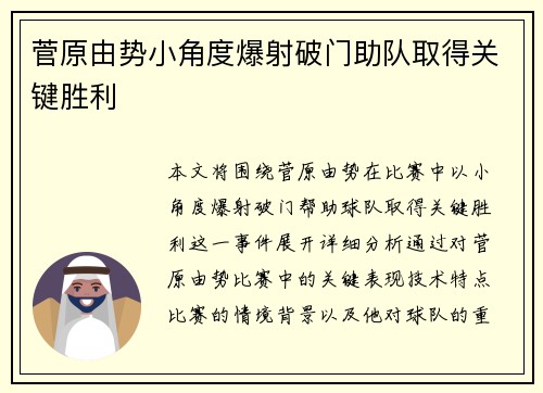 菅原由势小角度爆射破门助队取得关键胜利