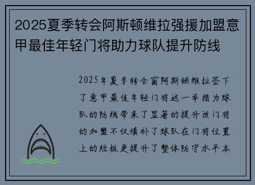 2025夏季转会阿斯顿维拉强援加盟意甲最佳年轻门将助力球队提升防线