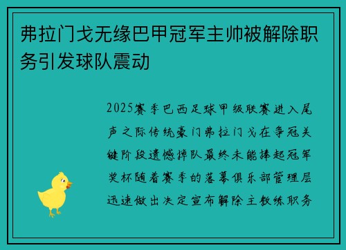 弗拉门戈无缘巴甲冠军主帅被解除职务引发球队震动 弗拉门戈无缘巴甲冠军主帅被解除职务引发球队震动