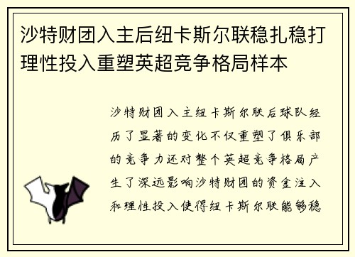 沙特财团入主后纽卡斯尔联稳扎稳打理性投入重塑英超竞争格局样本 沙特财团入主后纽卡斯尔联稳扎稳打理性投入重塑英超竞争格局样本