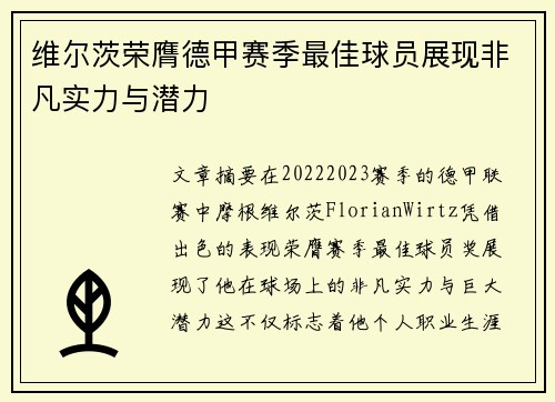 维尔茨荣膺德甲赛季最佳球员展现非凡实力与潜力